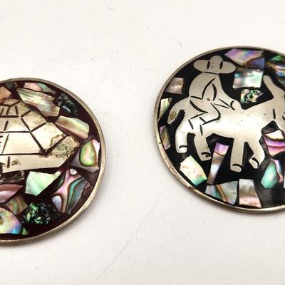 Lot #43 Pair of Alpaca Mexican Silver Brooches with Mother of Pearl Inlay