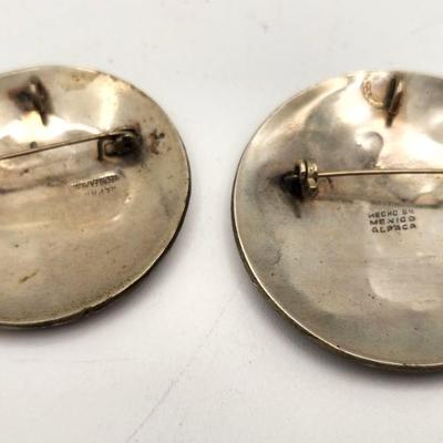 Lot #43 Pair of Alpaca Mexican Silver Brooches with Mother of Pearl Inlay