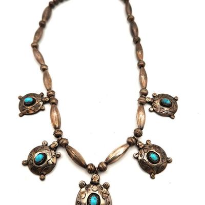 Lot #45 Sterling Turquoise Turtle Neklace - Artisan piece (signed) Alvin Vandever