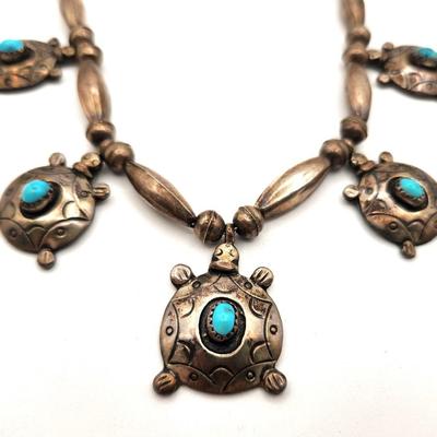 Lot #45 Sterling Turquoise Turtle Neklace - Artisan piece (signed) Alvin Vandever