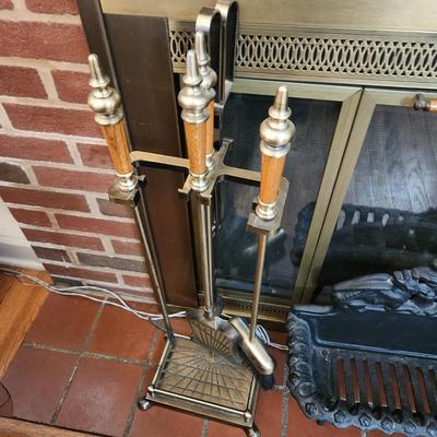 Lot of 4 Fireplace Accessories , Bellows, Bucket, Cast Metal Grate Fire Basket ,5 pcs Tool Set w Rack