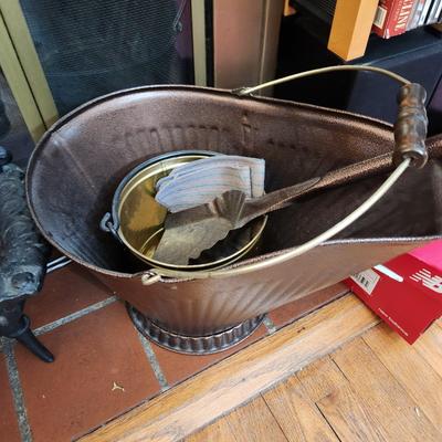 Lot of 4 Fireplace Accessories , Bellows, Bucket, Cast Metal Grate Fire Basket ,5 pcs Tool Set w Rack
