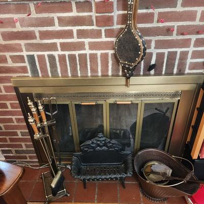 Lot of 4 Fireplace Accessories , Bellows, Bucket, Cast Metal Grate Fire Basket ,5 pcs Tool Set w Rack