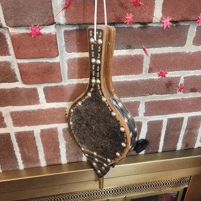 Lot of 4 Fireplace Accessories , Bellows, Bucket, Cast Metal Grate Fire Basket ,5 pcs Tool Set w Rack