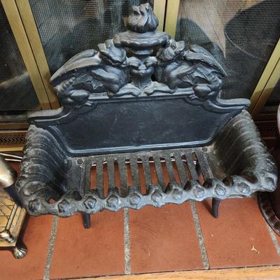 Lot of 4 Fireplace Accessories , Bellows, Bucket, Cast Metal Grate Fire Basket ,5 pcs Tool Set w Rack