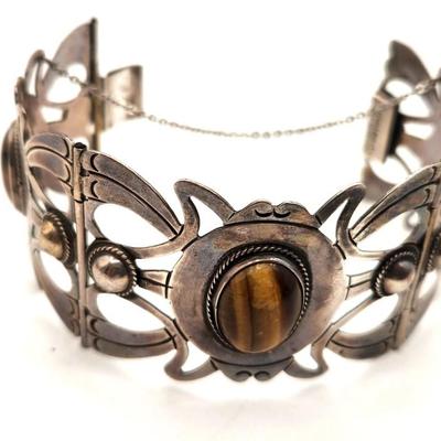 Lot #47 Beautiful Mexican Sterling Silver (marked) Bracelet set with Tiger Eye