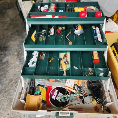 Plano Fishing Tackle Box with Contents Lures, Spinners, Bobbers