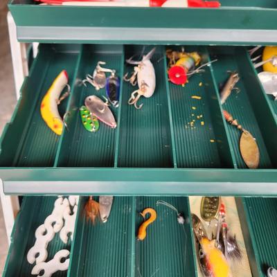 Plano Fishing Tackle Box with Contents Lures, Spinners, Bobbers
