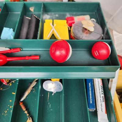 Plano Fishing Tackle Box with Contents Lures, Spinners, Bobbers