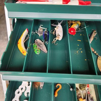 Plano Fishing Tackle Box with Contents Lures, Spinners, Bobbers