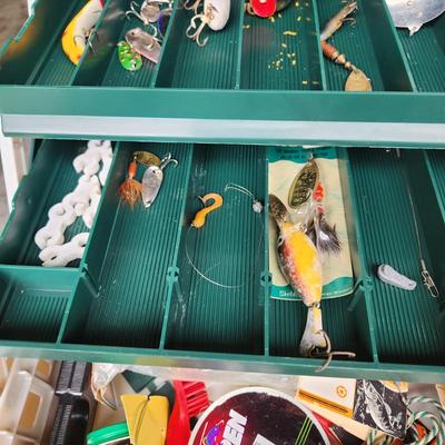 Plano Fishing Tackle Box with Contents Lures, Spinners, Bobbers