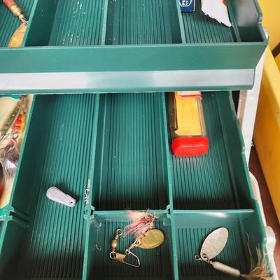 Plano Fishing Tackle Box with Contents Lures, Spinners, Bobbers