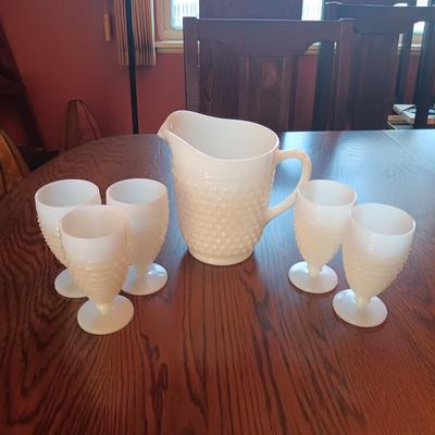 MILK GLASS HOBNAIL PITCHER AND 5 STEMMED GLASSES