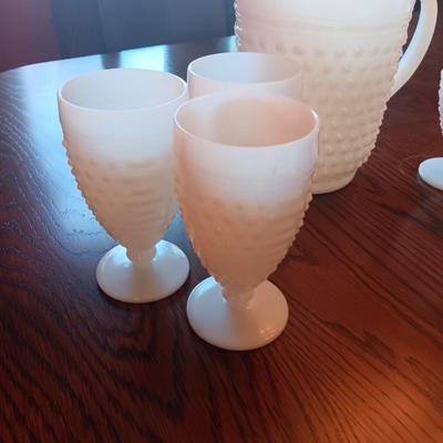 MILK GLASS HOBNAIL PITCHER AND 5 STEMMED GLASSES