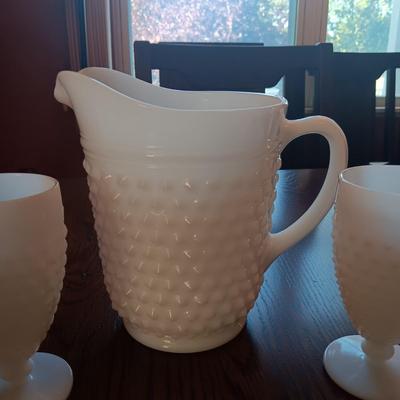 MILK GLASS HOBNAIL PITCHER AND 5 STEMMED GLASSES
