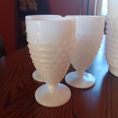MILK GLASS HOBNAIL PITCHER AND 5 STEMMED GLASSES