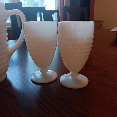 MILK GLASS HOBNAIL PITCHER AND 5 STEMMED GLASSES