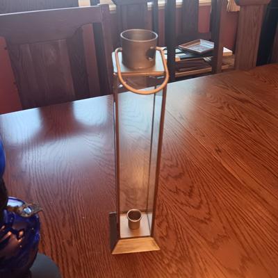 BLUE GLASS OIL LAMP AND A CANDLE LANTERN