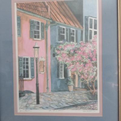 Framed Double Signed Print of Charleston, SC Scene 'The Pink House' by Jeanie Drucker- Approx 14" x 16 1/2"