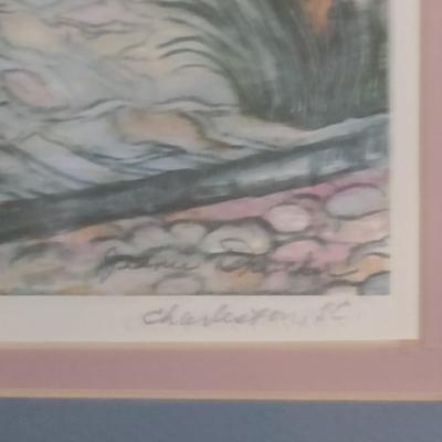 Framed Double Signed Print of Charleston, SC Scene 'The Pink House' by Jeanie Drucker- Approx 14" x 16 1/2"