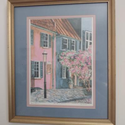 Framed Double Signed Print of Charleston, SC Scene 'The Pink House' by Jeanie Drucker- Approx 14" x 16 1/2"