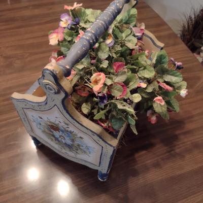 Painted Magazine Holder with Artificial Flower Arrangement