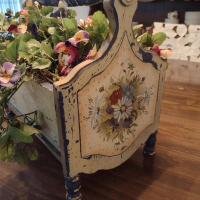 Painted Magazine Holder with Artificial Flower Arrangement