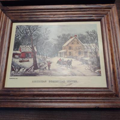 Framed Prints- Two Farm/Barn and Two Currier & Ives- Approx 10" x 8 1/4"