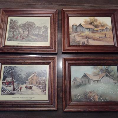 Framed Prints- Two Farm/Barn and Two Currier & Ives- Approx 10" x 8 1/4"