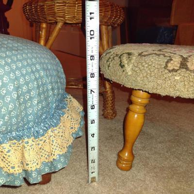 Three Footstools- One Wicker, Two Wood Framed