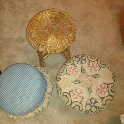 Three Footstools- One Wicker, Two Wood Framed