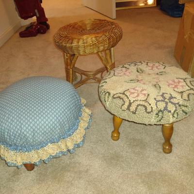 Three Footstools- One Wicker, Two Wood Framed