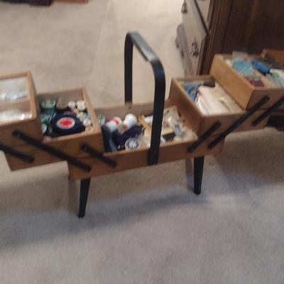 Wooden Swedish Accordion Sewing Box with Contents