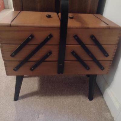 Wooden Swedish Accordion Sewing Box with Contents