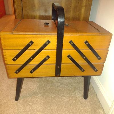 Wooden Swedish Accordion Sewing Box with Contents