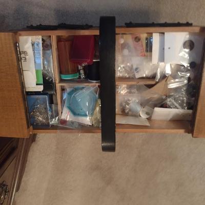 Wooden Swedish Accordion Sewing Box with Contents