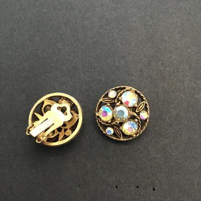 Vintage gold tone clip on earrings with AB rhinestones