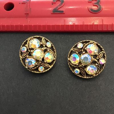 Vintage gold tone clip on earrings with AB rhinestones