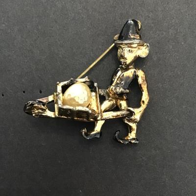 Vintage, silver and gold tone black enamel Christmas elf