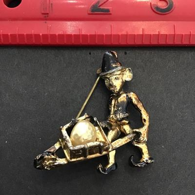 Vintage, silver and gold tone black enamel Christmas elf