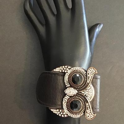 Leather cuff bracelet with Bronze colored owl with rhinestones