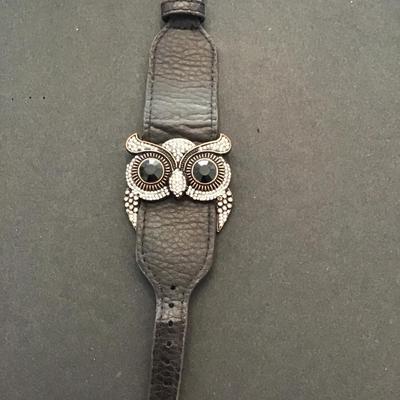 Leather cuff bracelet with Bronze colored owl with rhinestones