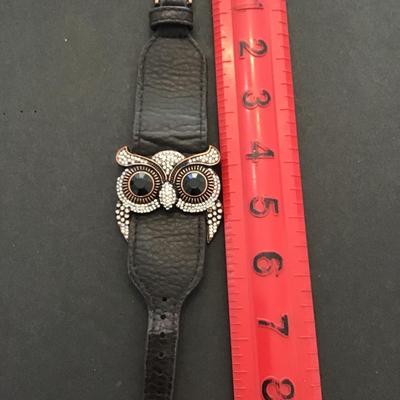 Leather cuff bracelet with Bronze colored owl with rhinestones