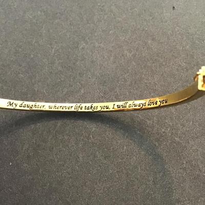 Beautiful, gold tone bracelet, Danbury , mint clear, rhinestones with my daughter saying on it