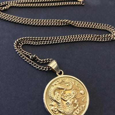 Vintage dragon coin, pendant, necklace, gold, toned