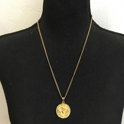 Vintage dragon coin, pendant, necklace, gold, toned