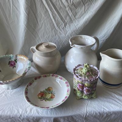 Sale Photo Thumbnail #365: Various Pitchers, Bowls, and a Cookie Jar (Lot of 6 + 2 Lids)