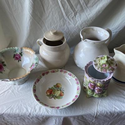 Sale Photo Thumbnail #366: Various Pitchers, Bowls, and a Cookie Jar (Lot of 6 + 2 Lids)