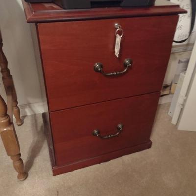 Wood Finish Two Drawer Filing Cabinet with Key- Approx 20" x 15 3/4" x 27" Tall
