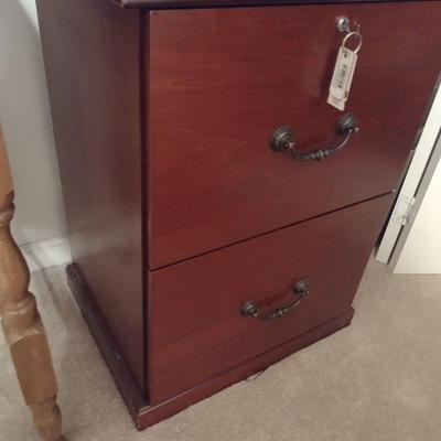 Wood Finish Two Drawer Filing Cabinet with Key- Approx 20" x 15 3/4" x 27" Tall
